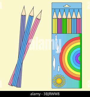 Set of colorful supplies of pencils with packaging of rainbow drawing and individual pencils on yellow background. For back to school theme, education Stock Vector