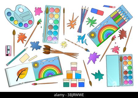 Art supplies collection with watercolor paints, palette, brushes, pencils, sketchbook and abstract paint splashes on white background. Artistic elemen Stock Vector