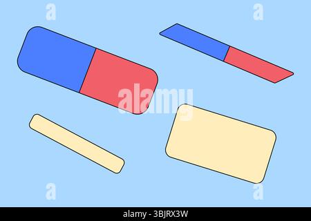 Flat cartoon vector illustration of an colorful erasers set on blue background. For back to school stationery concept, education visual, educational t Stock Vector