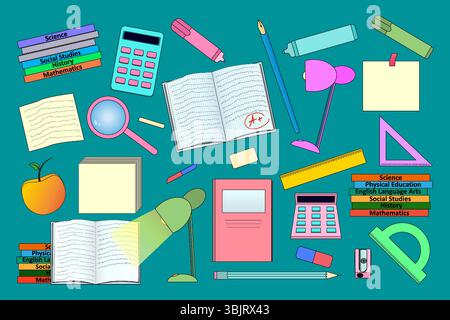 Back to school theme set with books, notebooks, calculators, pencils, vintage fountain pen, markers, desk lamp, note sheets, rulers, erasers, and magn Stock Vector