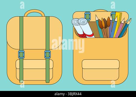 School backpack with set stationery supplies, rolled certificates, pencils, paintbrushes and ruler on turquoise background. For back to school and edu Stock Vector