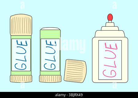 Different types of school craft supplies set with glue sticks and liquid glue bottle on blue background. For back to school stationery concept, educat Stock Vector