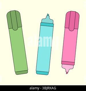 Cartoon set of colorful stationery with highlighter markers in green, blue and pink on yellow background. For back to school stationery concept, educa Stock Vector