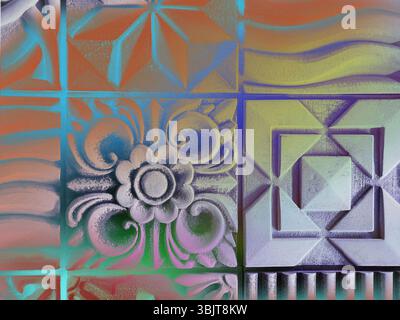 Close-up of a colorful, textured wall with various geometric and floral patterns. A close-up view of a textured, patterned wall features floral and ge Stock Photo