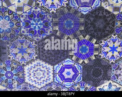 This intricate mosaic pattern features a beautiful array of blue and purple tiles. Intricate mosaic pattern composed of blue purple hexagonal tiles. Stock Photo