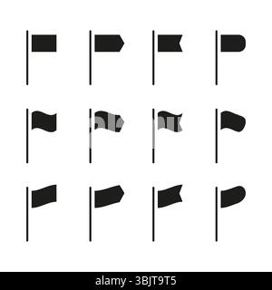 Mini flag icons. Vertical stick symbols. Vector waving shapes. Black white design. Stock Vector