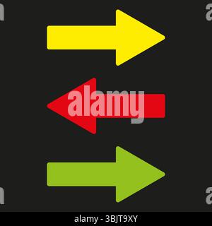 Color arrow set. Directional icon trio. Vector navigation sign. Black background contrast. Stock Vector