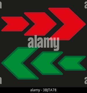 Colored arrow symbols. Red green chevrons. Vector direction indicators. Dual navigation design. Stock Vector