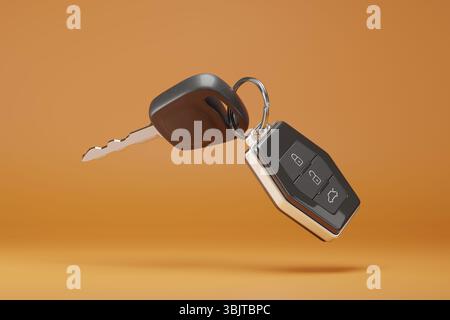 Car key with remote control on orange background. 3D illustration. Stock Photo