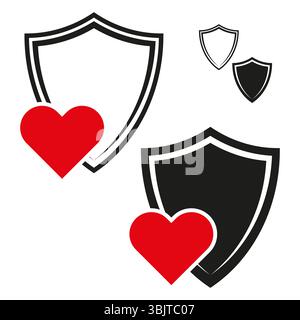 Shield icon set. Protection love symbol. Red heart detail. Vector security concept. Stock Vector