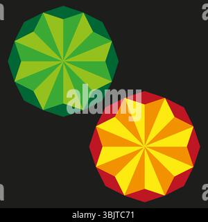 Geometric polyhedra shapes. Abstract starburst elements. Green orange pattern. Vector modern design. Stock Vector