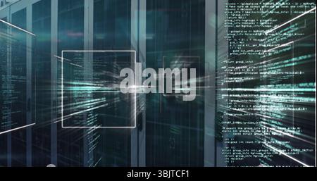 Server cabinets displaying streaming code overlays in data center, with floating wireframe square Stock Photo