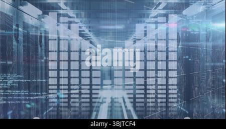 Glowing server racks lining data center corridor with LED status lights and holographic overlays Stock Photo
