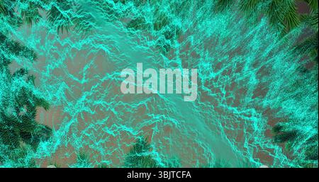 Swirling glowing teal particles forming rippling mesh waves in dark digital space, visualizing data Stock Photo