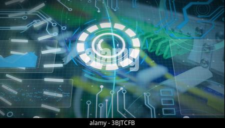 Displaying holographic circular progress indicator overlaying lab, green gloves handling parts Stock Photo