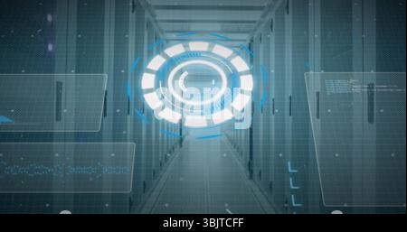 Projecting holographic interface floating at data center corridor, with server racks and HUD panels Stock Photo