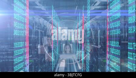 Streaming binary code streams on server racks, floating headshot icons, circular HUD in data center Stock Photo