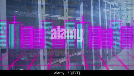 Projecting neon holographic towers over pink glowing grid floor in data center with server racks Stock Photo