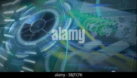 Rotating circular HUD element within virtual grid, with segmented rings and data panels, copy space Stock Photo
