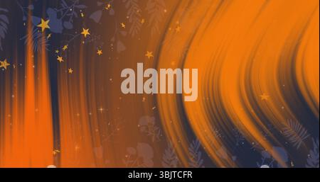 Displaying swirling orange and navy brushstrokes across canvas, with golden stars and leaf shapes Stock Photo