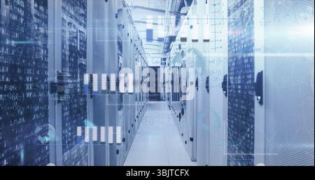 Displaying server cabinets in corridor flashing LEDs and overlaying code graphics in data center Stock Photo