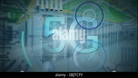 Displaying 5G text with circular HUD overlay in data center, with server racks and network switches Stock Photo