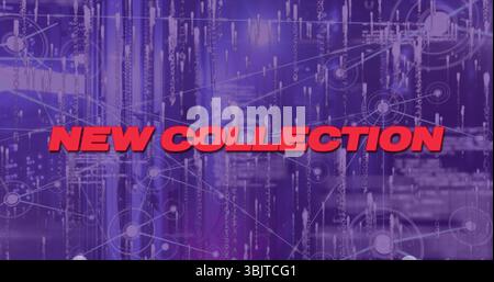 Featuring bold red NEW COLLECTION text floating over purple digital interface, with binary code Stock Photo