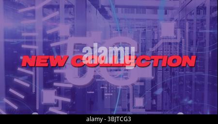 Displaying bold red NEW COLLECTION signage glowing in data center corridor, with server racks Stock Photo