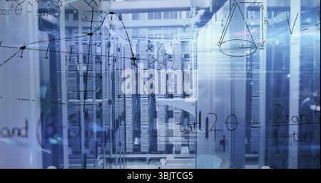 Displaying central cluster of server racks humming in data center interior, with math overlay Stock Photo