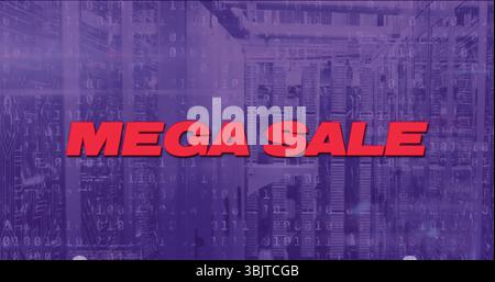 Shining bold red MEGA SALE text dominating data center, showing binary code, racks and cables Stock Photo