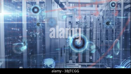 Displaying data center server racks with glowing LED indicators, patch cables, holographic overlays Stock Photo