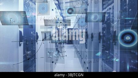 Flashing LED indicators lining central server aisle in data center, displaying holographic graphs Stock Photo