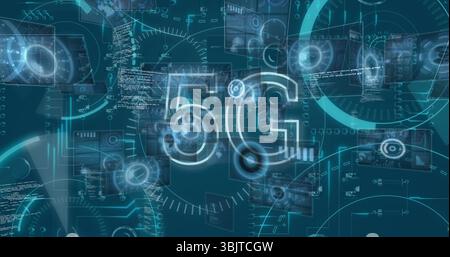 Floating central glowing 5G label hovering in network interface, with GUI panels and data charts Stock Photo
