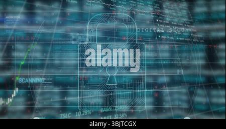 Displaying wireframe padlock icon overlaying dashboard, with code, line graph and status labels Stock Photo