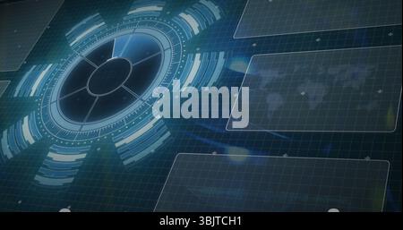 Displaying circular radial interface projecting data rings on grid with panels, world map overlay Stock Photo