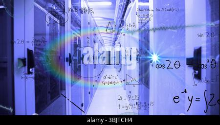 Glowing data center corridor revealing server racks with LED lights and floating math formulas Stock Photo