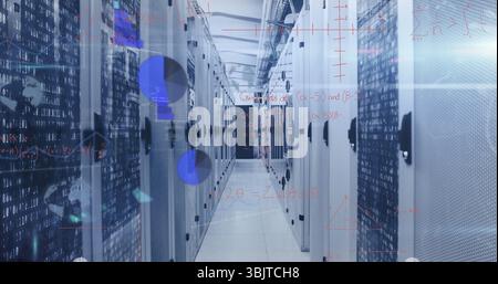 Streaming binary code overlays and math equations across data center corridor, with server racks Stock Photo