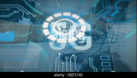 Glowing holographic 5G symbol hovering above grid with circuit traces, progress rings and UI panels Stock Photo