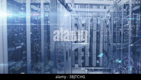 Displaying cluster of server racks processing data in data center aisle, with blinking LEDs Stock Photo
