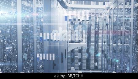 Displaying central aisle of server racks showing blinking LEDs in cooled data center, cable trays Stock Photo