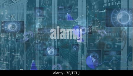 Displaying holographic interface showing code flow, network nodes over server racks at data center Stock Photo