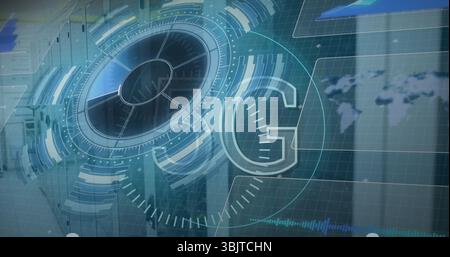 Displaying holographic UI showing radial progress inside data center with server racks, world map Stock Photo