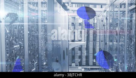 Displaying server rack cabinets lining data center aisle, with LED panels and digital overlays Stock Photo