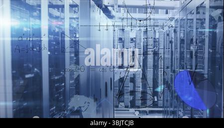 Displaying long narrow corridor running through data center, with server racks and formula overlays Stock Photo