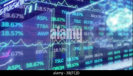 Displaying financial dashboard on trading screen, with tickers, percentages and line charts Stock Photo