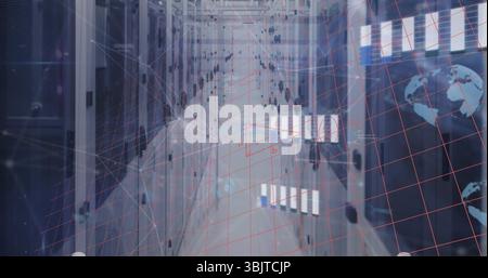 Walking IT technicians inspecting server racks in high-tech corridor, with digital network overlays Stock Photo