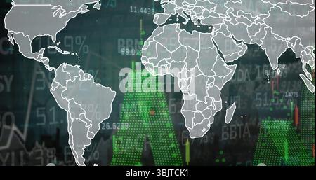 Displaying outlined world map overlaying virtual trading interface, showing financial data elements Stock Photo