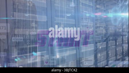 Displaying purple START overlay on server racks in data center, showing floating heart icons Stock Photo