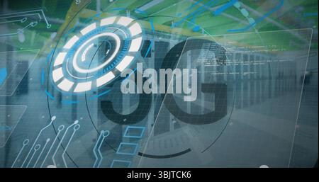 Displaying 5G logo and HUD ring graphic overlaying data center racks, with circuit traces and code Stock Photo