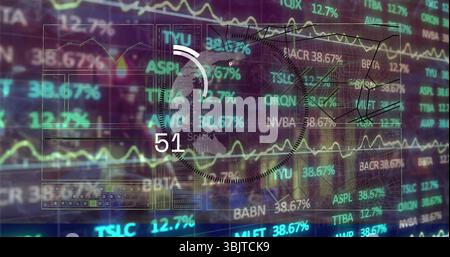 Displaying translucent interface panels at trading terminal, with line charts gauge and tickers Stock Photo